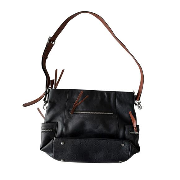 Bostanten LG Black Leather Shoulder Tote Bag Purse Zip Pockets Adjustable Strap - Picture 3 of 13